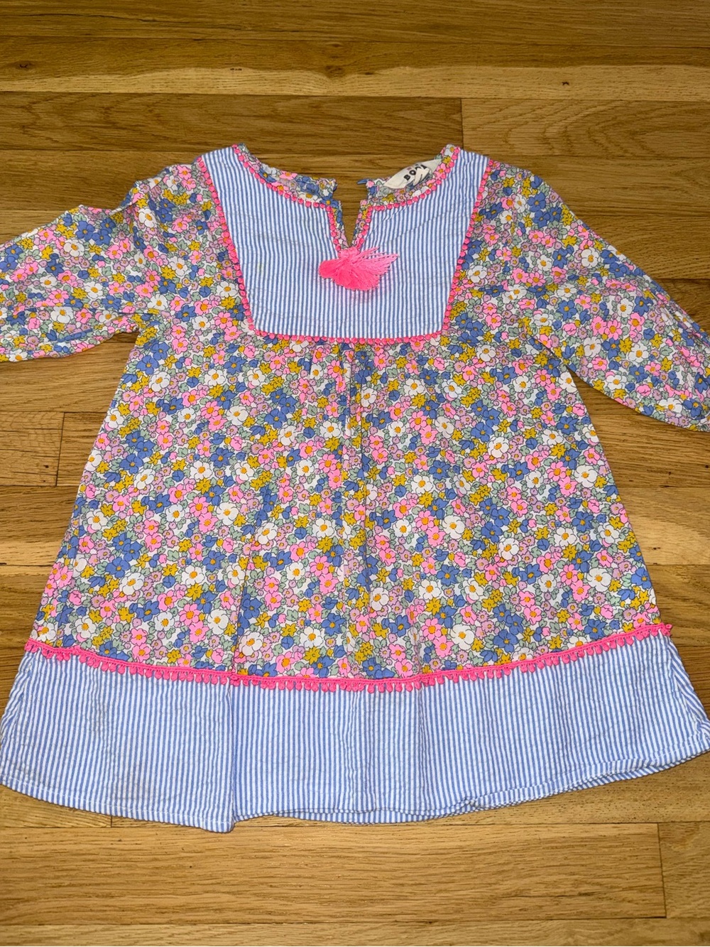 Boden Floral Cotton Dress with Pink Trim and Blue Stripe Detail